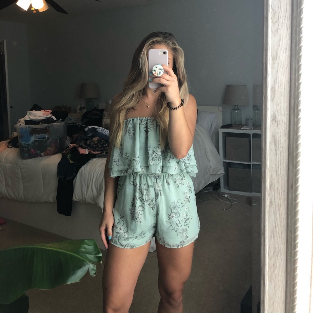 Sage Green Floral Strapless Romper